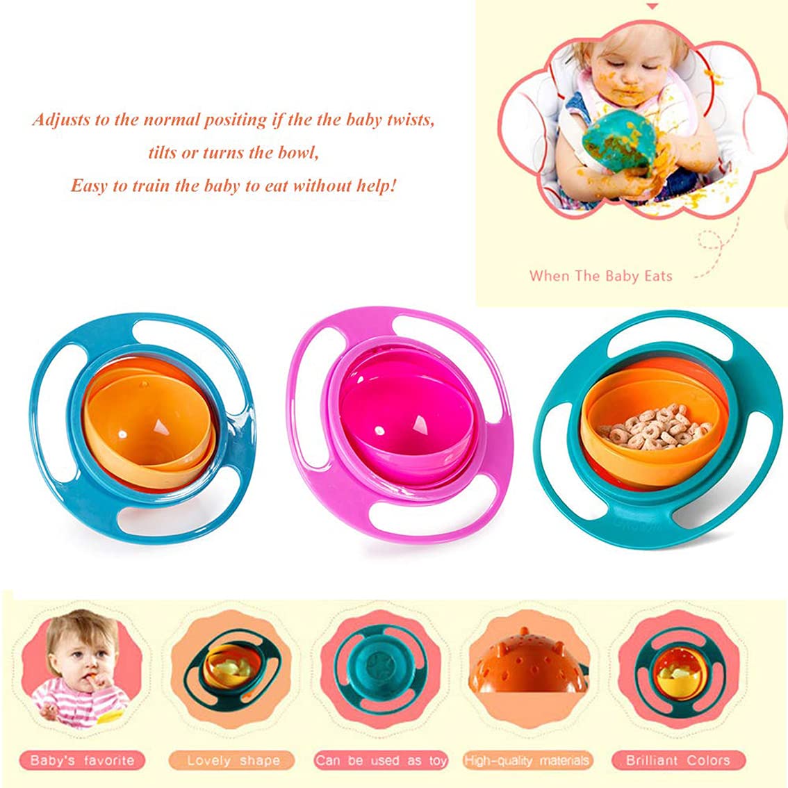 XP-035 Universal Gyro Bowl Children Rotary Balance Magic Bowl 360 Rotate Spill-Proof Bowl Spill Resistant Gyro Bowl